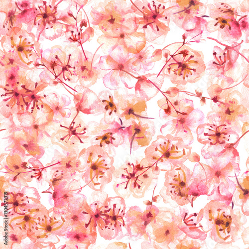 Spring watercolor seamless pattern. Watercolour florals. Pink flowers in bloom, abstract hand-painted wallpaper. Botanical art