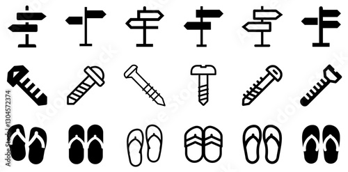 "Signpost, Screw, and Sandals Icon Set – Direction, Repair, and Comfort Vector Symbols"