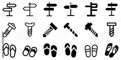 "Signpost, Screw, and Sandals Icon Set – Direction, Repair, and Comfort Vector Symbols"