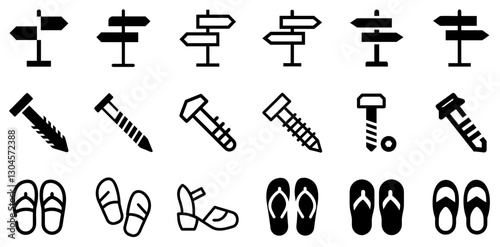 "Signpost, Screw, and Sandals Icon Set – Direction, Repair, and Comfort Vector Symbols"