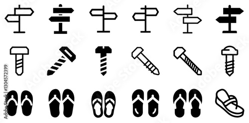 "Signpost, Screw, and Sandals Icon Set – Direction, Repair, and Comfort Vector Symbols"