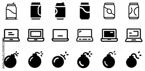 "Soda Can, Laptop, and Bomb Icon Set – Refreshment, Technology, and Impact Vector Symbols"