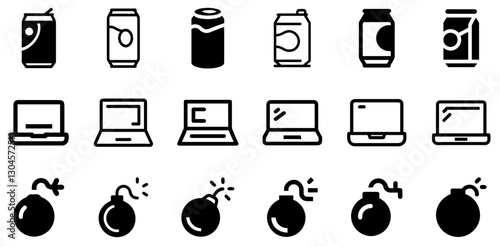 "Soda Can, Laptop, and Bomb Icon Set – Refreshment, Technology, and Impact Vector Symbols"