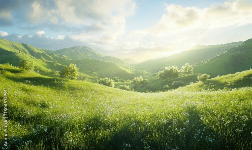 Fototapeta premium Serene green meadow glowing under soft sunlight, surrounded by lush hills and a vibrant blue sky for a tranquil countryside scene