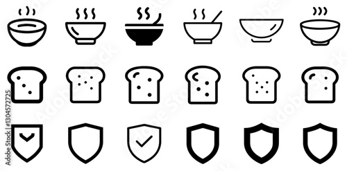 "Soup Bowl, Slice of Bread, and Shield Icon Set – Comfort, Food, and Protection Vector Symbols"
