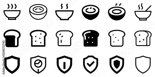 "Soup Bowl, Slice of Bread, and Shield Icon Set – Comfort, Food, and Protection Vector Symbols"