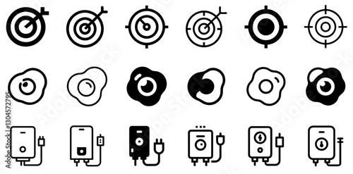 "Target, Fried Egg, and Electric Water Heater Icon Set – Focus, Food, and Comfort Vector Symbols"