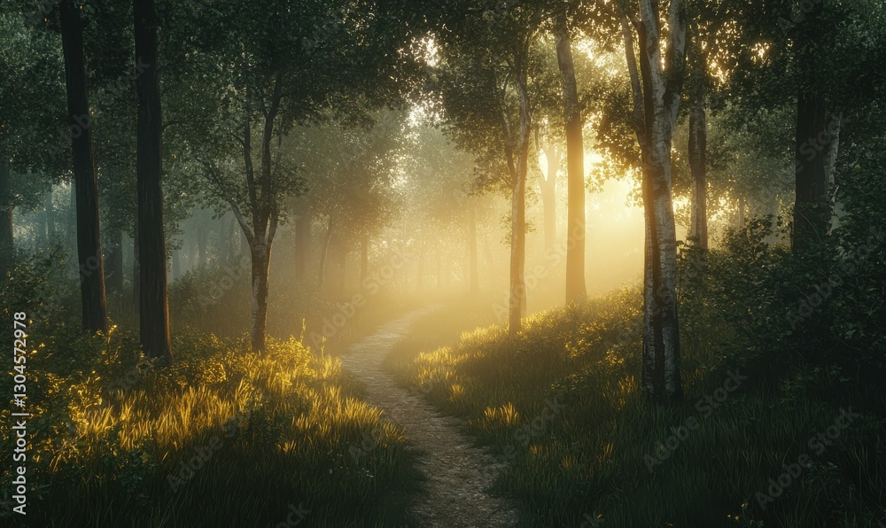 Obraz premium Misty forest path surrounded by tall trees and soft golden light filtering through the fog, creating a peaceful and magical atmosphere