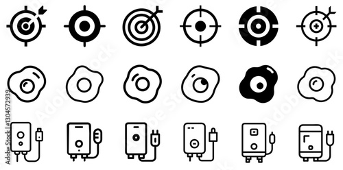 "Target, Fried Egg, and Electric Water Heater Icon Set – Focus, Food, and Comfort Vector Symbols"