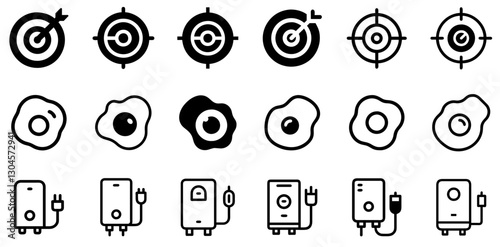 "Target, Fried Egg, and Electric Water Heater Icon Set – Focus, Food, and Comfort Vector Symbols"