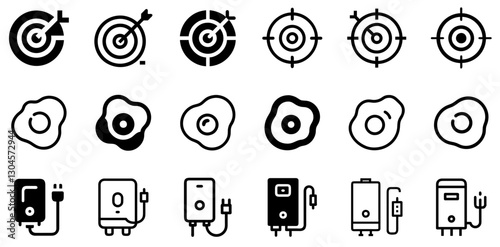 "Target, Fried Egg, and Electric Water Heater Icon Set – Focus, Food, and Comfort Vector Symbols"