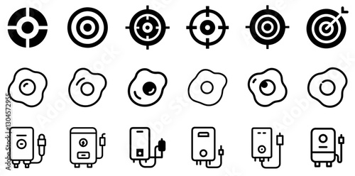 "Target, Fried Egg, and Electric Water Heater Icon Set – Focus, Food, and Comfort Vector Symbols"