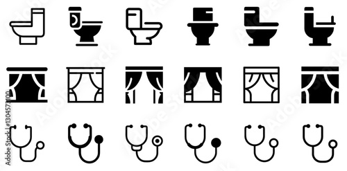 "Toilet, Stage Curtains, and Stethoscope Icon Set – Essential and Professional Vector Symbols"