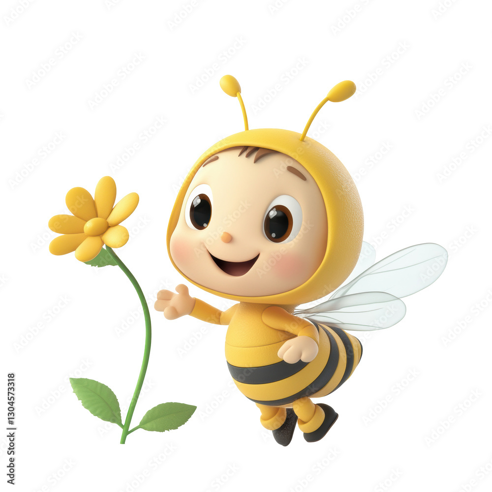 Happy bee character interacting with a flower in a cheerful setting Happy bee character interacting with a flower in a cheerful setting