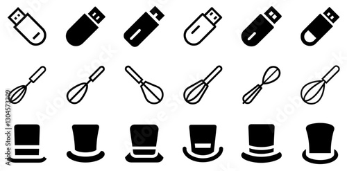 "USB Stick, Whisk, and Top Hat Icon Set – Tech, Kitchen, and Fashion Vector Symbols"