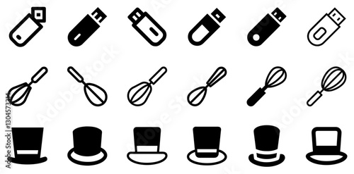 "USB Stick, Whisk, and Top Hat Icon Set – Tech, Kitchen, and Fashion Vector Symbols"