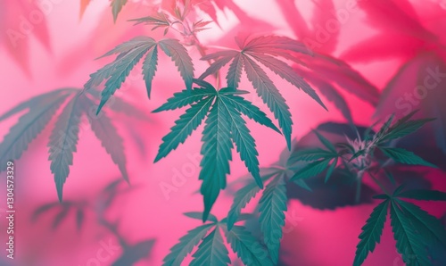 Macro shot of vibrant green cannabis leaves on a pastel pink background, soft lighting enhancing texture and detail.