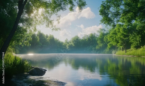 Serene natural lake surrounded by lush greenery illuminated by soft sunlight creating a tranquil and picturesque landscape .