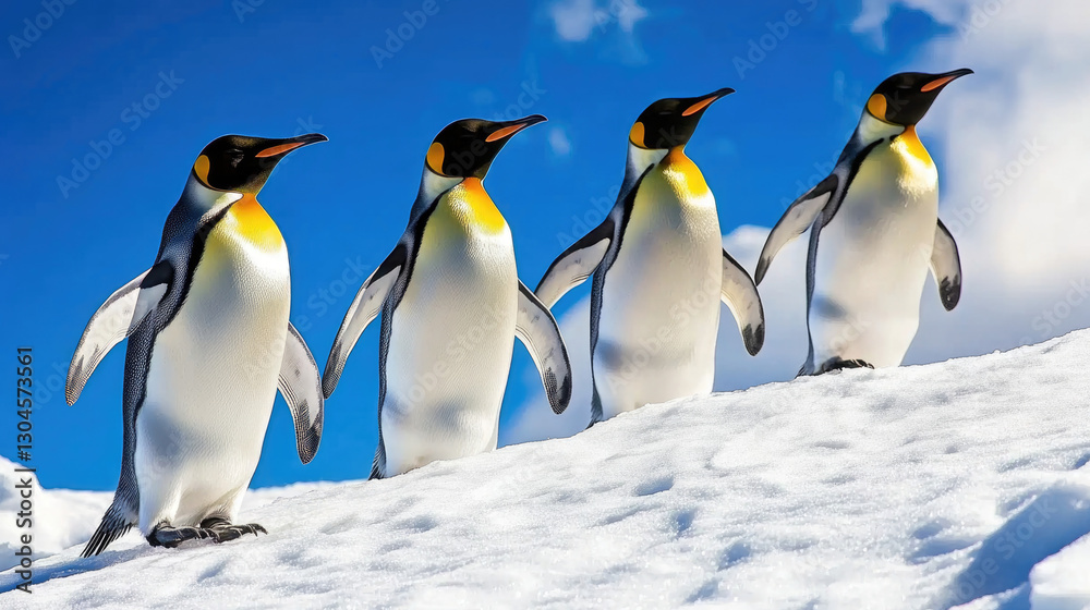 Fototapeta premium A group of penguins waddling across a snowy Antarctic landscape