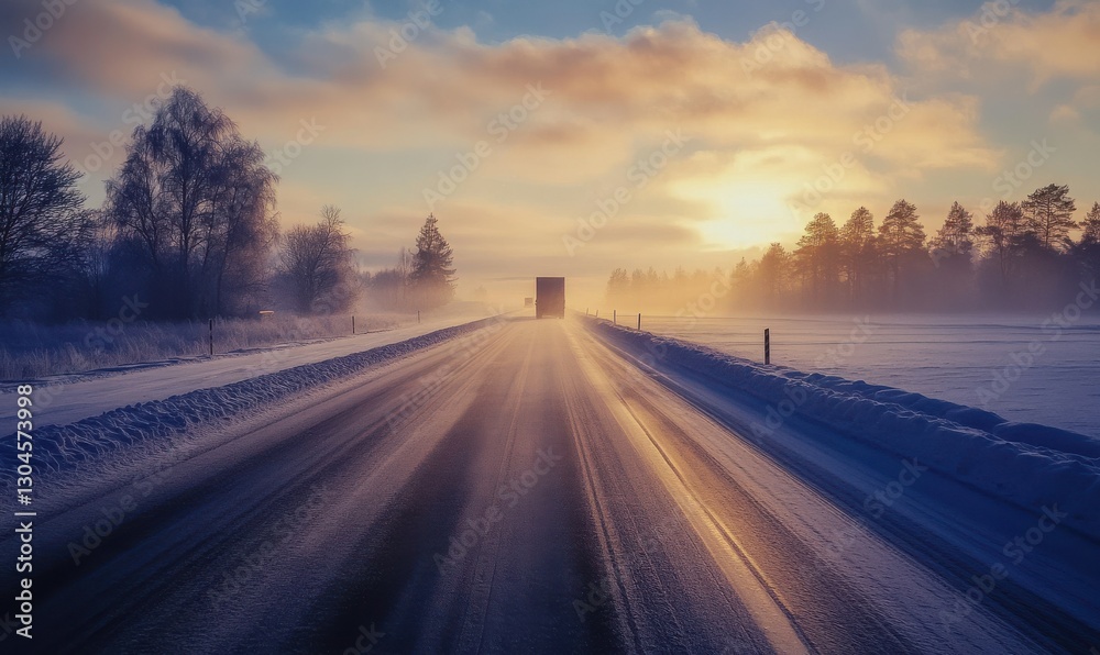 Fototapeta premium Long-haul truck driving through a misty highway at sunrise, casting dramatic shadows. Soft pastel hues and sharp details evoke adventure,