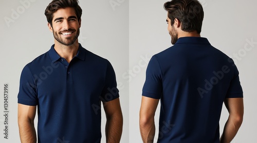 A navy blue polo shirt, its collar crisp and button neatly fastened, is the star of a stylish mockup. From both front and back angles, we see a man exude confidence as he wears the classic garment,