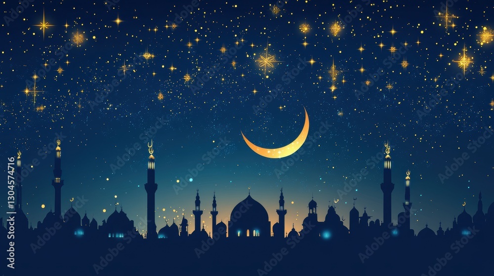 Naklejka premium Crescent moon shines over a mosque silhouette under starry sky