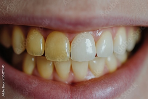Dental examination highlighting both healthy and discolored teeth in natural light at a dental clinic. Generative AI