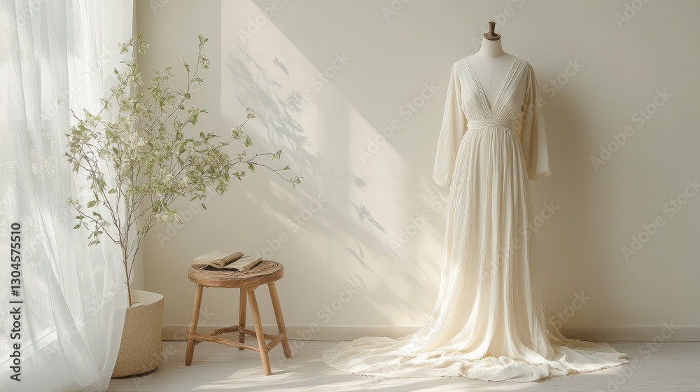 A minimalist setting showcases an elegant cream dress draped gracefully on a mannequin. The dress is adorned with a delicate plant and a simple stool, creating a serene and sophisticated mockup. A minimalist setting showcases an elegant cream dress draped gracefully on a mannequin. The dress is adorned with a delicate plant and a simple stool, creating a serene and sophisticated mockup.
