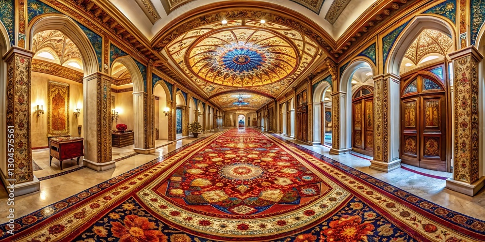 Obraz premium Grand Hallway with Intricate Patterned Rug - Panoramic Stock Photo