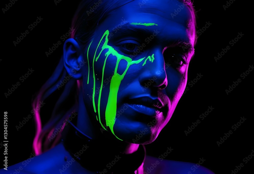 futuristic neon portrait of person with UV paint on face, illuminated by vibrant colors in dark lighting. futuristic neon portrait of person with UV paint on face, illuminated by vibrant colors in dark lighting.