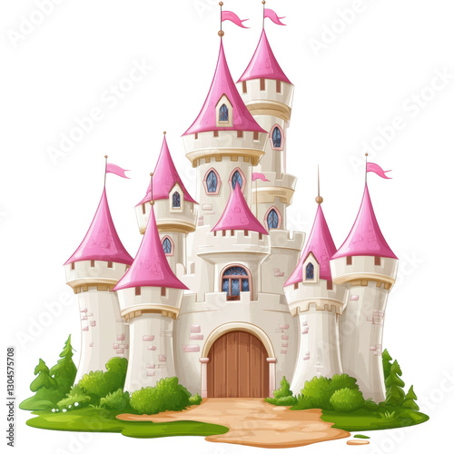 Bright and whimsical castle with pink towers in a fantasy landscape