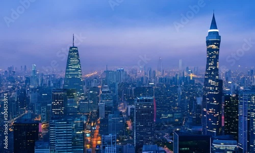 Wallpaper Mural Skyscrapers in Hangzhou: A Colorful Sky Over City with Lighted Buildings
 Torontodigital.ca