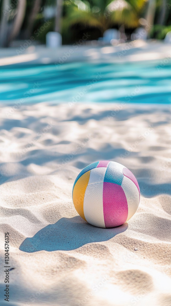 A colorful volleyball resting on sandy beach court A colorful volleyball resting on sandy beach court
