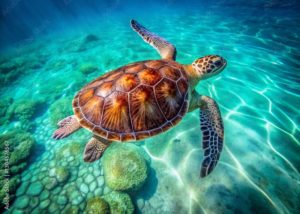 Obraz premium Green Sea Turtle, Dorsal View, Ocean Wildlife, Underwater Photography, Stock Photo