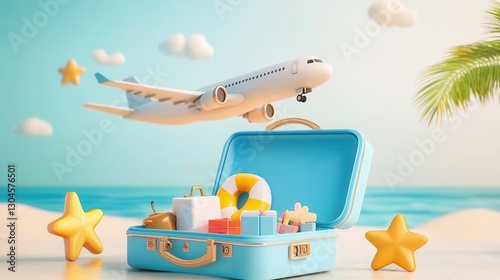 Suitcase packed for a beach vacation with a plane overhead