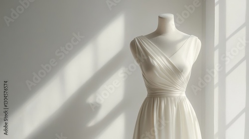 A pristine white dress, its form elegantly captured on a mannequin, against a minimalist backdrop, highlighting the dress is smooth fabric and graceful silhouette.