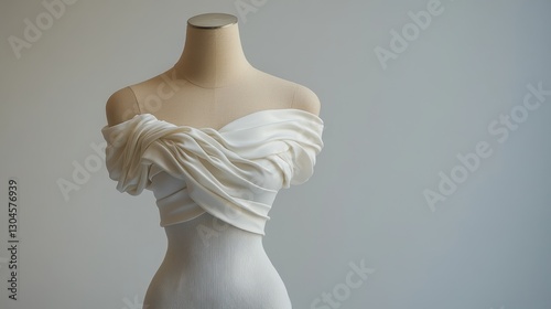 A pristine white off-shoulder top, a testament to modern fashion, graces a sleek mannequin, poised to showcase its allure and versatility, ready to captivate audiences with its chic and casual appeal.