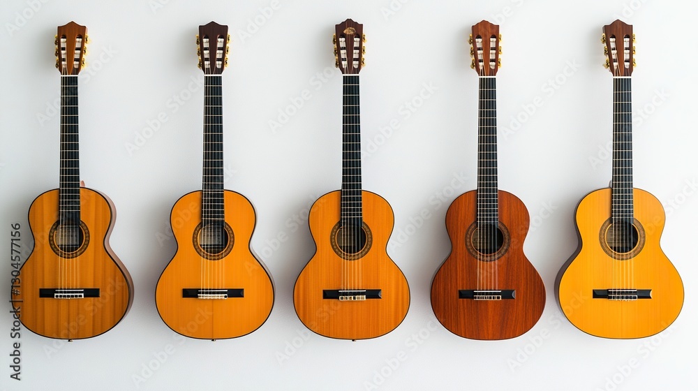 Naklejka premium Five Guitars Neatly Arranged, Symbolizing Harmony and Precision in Design 