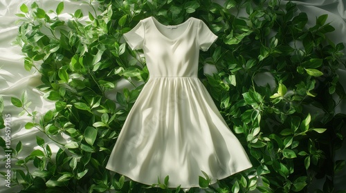 A sleek white dress mockup, minimalist and chic, rests on a bed of lush green leaves, its form softened by the dappled light, creating a fresh and modern aesthetic for fashion or lifestyle imagery.