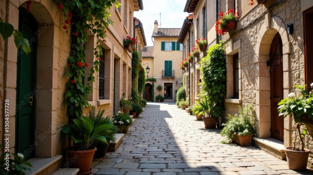 Sun-dappled cobblestone lane, flanked by charming stone buildings, adorned with vibrant climbing plants and potted flowers, creating a picturesque European streetscape. Sun-dappled cobblestone lane, flanked by charming stone buildings, adorned with vibrant climbing plants and potted flowers, creating a picturesque European streetscape.