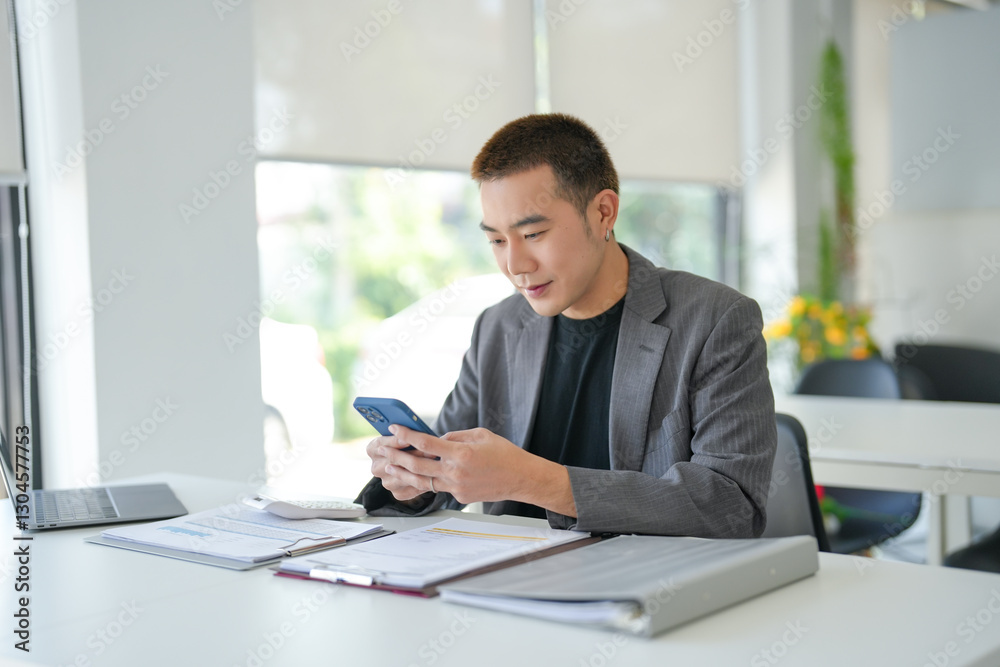 Asian Businessman with Smartphone working mobile devices cell telephone technology e-commerce smartphone business professional investor working new start up project Asian Businessman with Smartphone working mobile devices cell telephone technology e-commerce smartphone business professional investor working new start up project