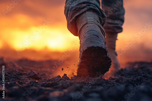 Soldier walking at sunset, silhouette against orange sky, carrying rifle, dust trailing behind.