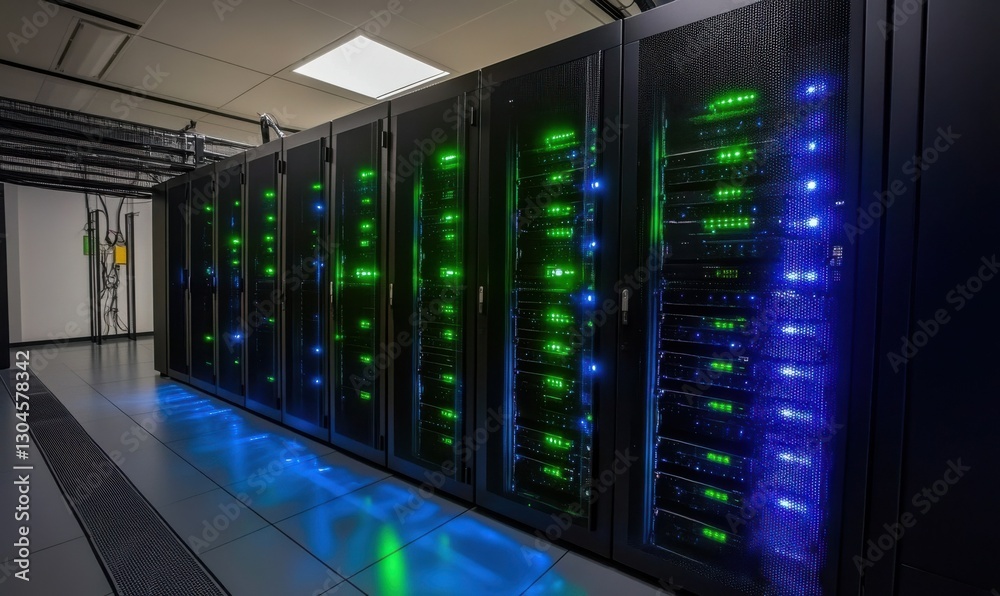 Sleek modern server room with rows of glowing blue and green LED lights reflecting on polished metallic surfaces Sleek modern server room with rows of glowing blue and green LED lights reflecting on polished metallic surfaces