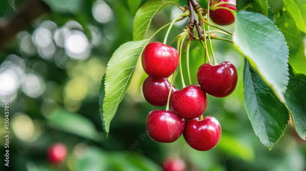 A cluster of fresh cherries hanging from a branch A cluster of fresh cherries hanging from a branch