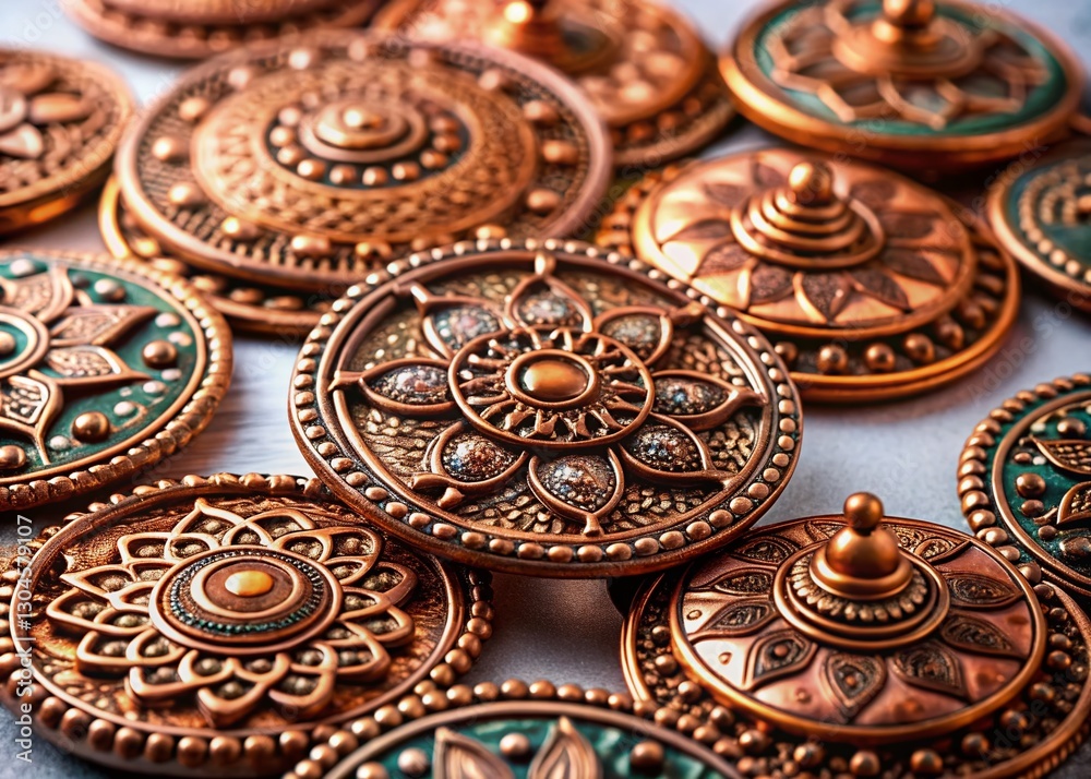 Fototapeta premium Handmade Ethnic Copper Medallions: Artisan Crafted Jewelry Components, Close-up View