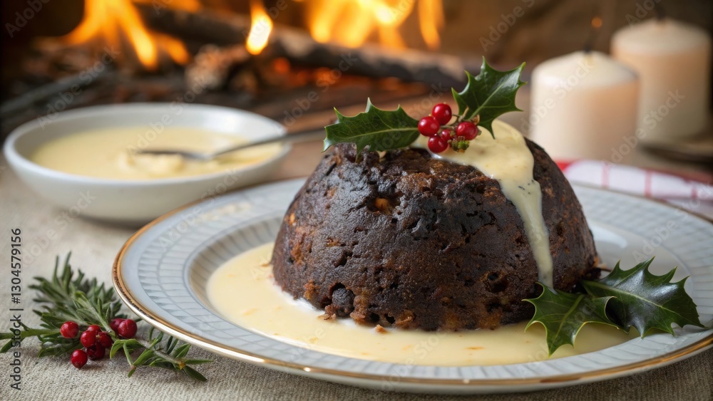 Flaming christmas pudding delight festive home setting culinary masterpiece cozy ambience close-up shot traditional holiday treat Flaming christmas pudding delight festive home setting culinary masterpiece cozy ambience close-up shot traditional holiday treat