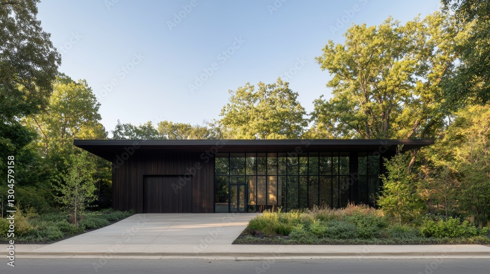 Modern Small Industrial Building with Clean Lines Surrounded by Lush Greenery and Trees Modern Small Industrial Building with Clean Lines Surrounded by Lush Greenery and Trees
