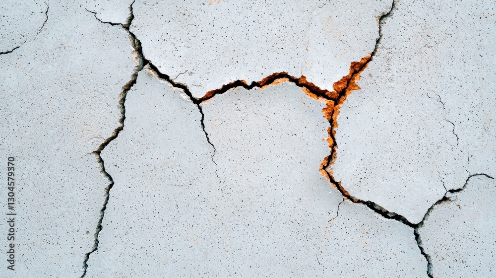 Obraz premium A close-up view of cracked concrete, showcasing fissures and signs of wear, emphasizing structural damage and deterioration.