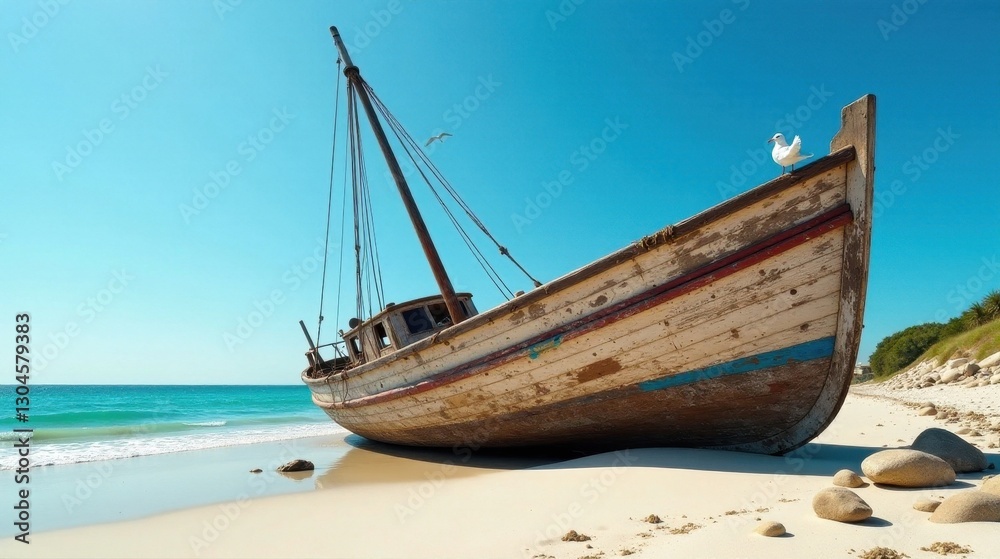 A weathered sailboat rests on a pristine sandy beach, a solitary seabird perched atop its bow, under a vibrant azure sky. A weathered sailboat rests on a pristine sandy beach, a solitary seabird perched atop its bow, under a vibrant azure sky.