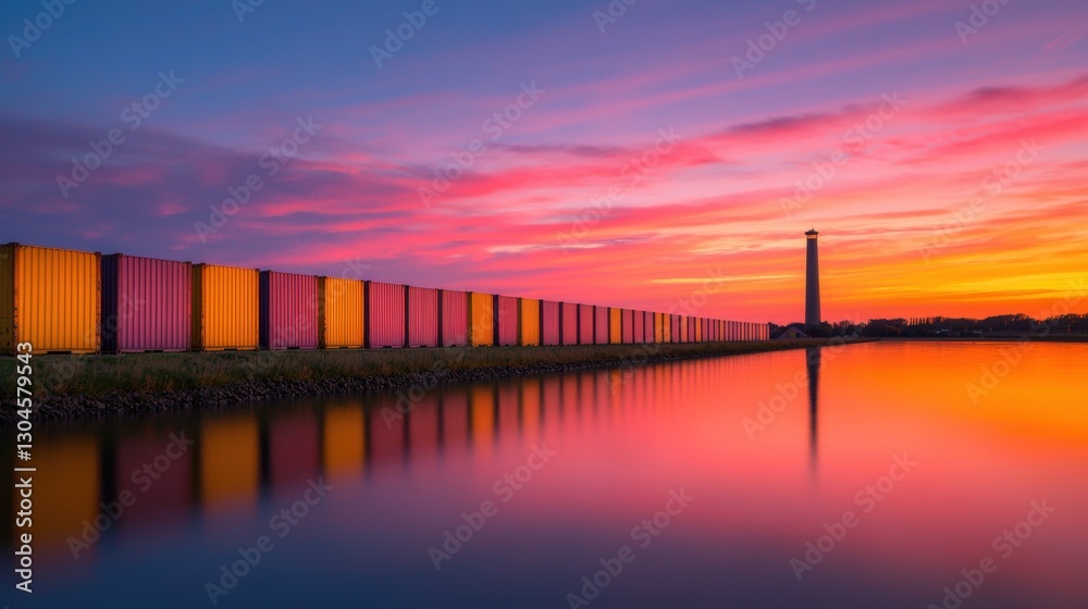 Obraz premium Cargo Terminal at Dusk Under a Colorful Sky with Reflections in Calm Water